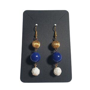 Gold Tone Drop Earrings Blue Beads White Rose Accents Long Dangle Lightweight